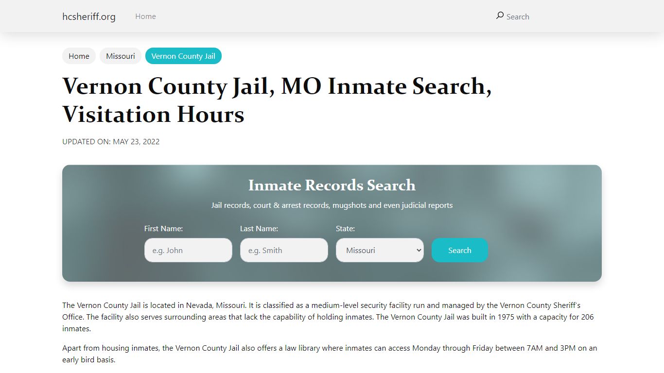 Vernon County Jail, MO Inmate Search, Visitation Hours